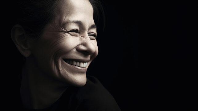 Portrait of a Smiling Mature Asian Woman on a Dark Background with Soft Lighting and Authentic Emotion