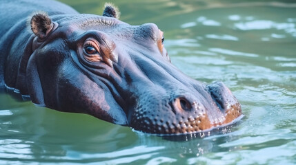 Hippopotamus in green lake water open muzzle. Hippo waiting food in zoo. generative ai