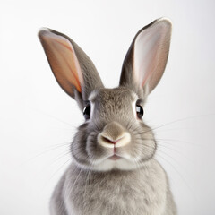 gray domestic pet rabbit with large ears against a light gray background. generative ai