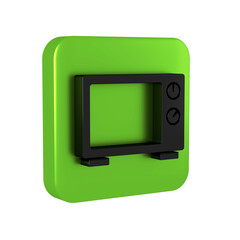 Black Microwave oven icon isolated on transparent background. Home appliances icon. Green square button.