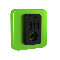 Black Telephone with emergency call 911 icon isolated on transparent background. Police, ambulance, fire department, call, phone. Green square button.