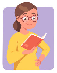 Teacher woman holding book. Smiling school teacher person in glasses standing teaching, reading textbook. School education, learning, knowledge, lecture, literature sticker flat vector illustration