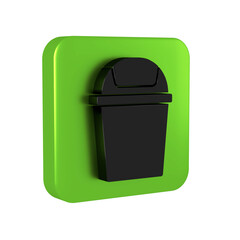 Black Trash can icon isolated on transparent background. Garbage bin sign. Recycle basket icon. Office trash icon. Green square button.