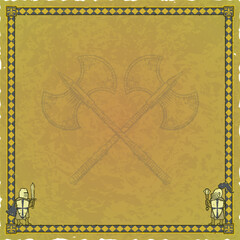 Green Parchment with Medieval Knights, Ornate Frame, Crossed Double Axes