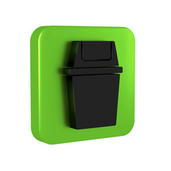 Black Trash can icon isolated on transparent background. Garbage bin sign. Recycle basket icon. Office trash icon. Green square button.