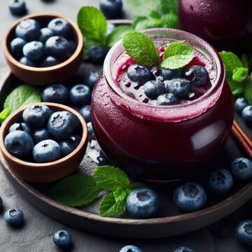 abstract composition of natural blueberry juice and healthy, good for heart and blood pressure, healthy eating, drinks concept, generative ai
