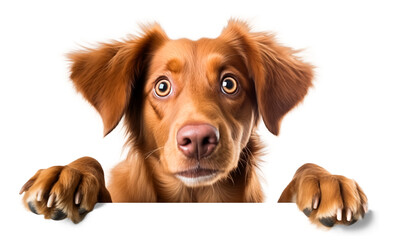 head of dog with paws up, peeking over a blank white sign isolated on transparent background, png....