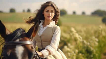 Beautiful brunette girl ride horse field. 19th century style, jane austen. Pretty woman walk white stallion outside. Rural lady enjoy countryside nature in england. Rich noblewoman horseride practice.