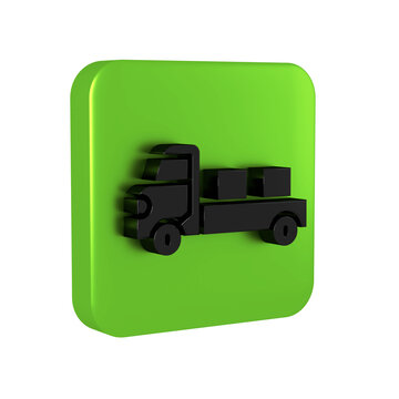 Black Pickup truck icon isolated on transparent background. Green square button.