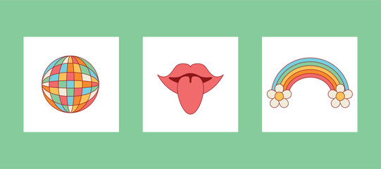 Groovy elements card set with disco ball, lips with protruding tongue, rainbow with daisies for website banner, Sale, cover, flyer or poster trendy vector illustration