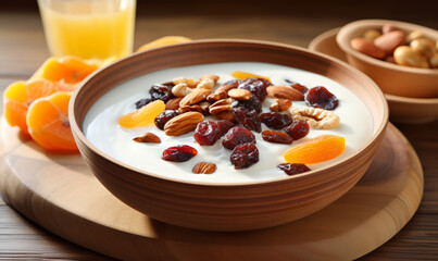 A bowl of yogurt with an assortment of dried fruits and nuts on a wooden tray.