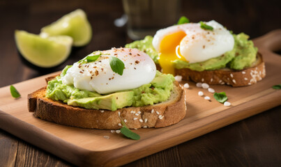 Savoury poached eggs on avocado toast with fresh greens and sesame seeds.