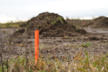An orange stake in the ground that marks the boundary of the property. Photos from the construction.