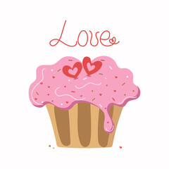 Food, dessert, sweets. Cake with cream and heart-shaped decor. Sweet pastries. The word love. Wedding decor, holiday, Valentine. Valentine's Day. Vector illustration on isolated background.