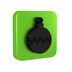 Black Christmas ball icon isolated on transparent background. Merry Christmas and Happy New Year. Green square button.