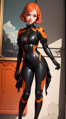 Animated style of beautiful woman, orange short haired, orange eyes, wearing black-orange high-tech suit, anime Created by using generative AI tools