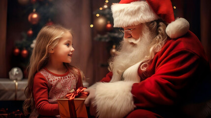 Fototapeta na wymiar Winter Christmas magic time. Smiling little girl and Santa Claus with a gift near Christmas tree with magical lights. Miracle Christmas night. Happy New Year and Merry Christmas.