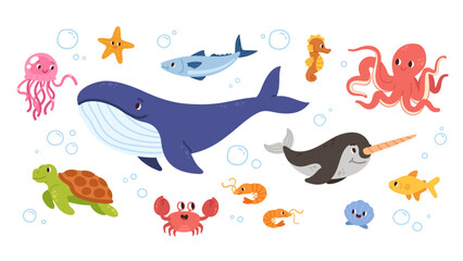 Underwater marine animals in sea set. Cute cartoon octopus, fish, starfish, turtle, crab, whale, seahorse, jellyfish, narwhal in water. Ocean life, nature wildlife characters flat vector illustration 