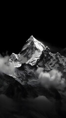 Professional monochrome photography of a snowy mountain peak in the clouds. Graphic black and white poster of a snow covered mountain range. Landscape shot for interior painting. - obrazy, fototapety, plakaty