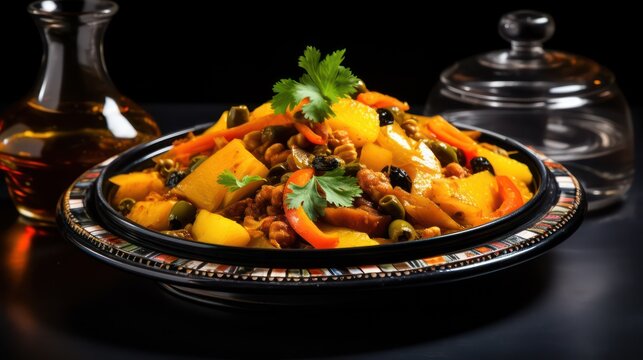 fragrant traditional moroccan tagine on black matte table   
