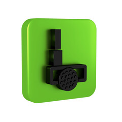 Black Golf club with ball icon isolated on transparent background. Green square button.