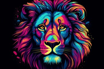 Artistic Head of lion with neon style. Wildlife predator. Generate Ai