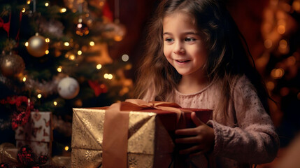 Happy little girl kid surprised and delighted with the gift box for Christmas. Miracle and magical Christmas night. Christmas tree with garland background. New Year Eve and Merry Christmas holiday