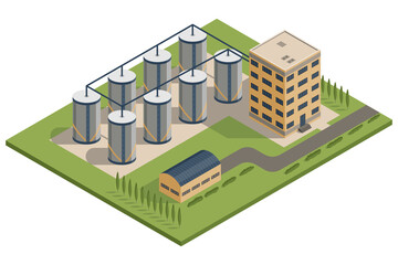 Isometric grain elevator, silos complex. Storage of grown harvest. Transrportation of agricultural products. Granary, industrial building factory.  stylized icon