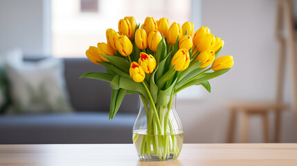 Bouquet of yellow tulips in a beautiful vase on table. Beautiful spring fresh flowers. Bright room flooded with sun. Floral romantic mood. Springtime blossom, tulips bunch. Happy holiday. Generated AI