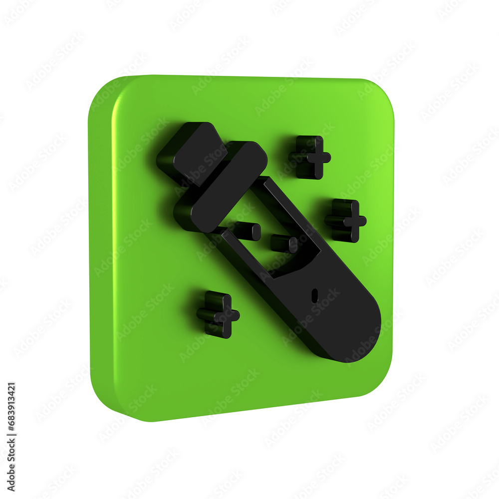 Poster black bottle with potion icon isolated on transparent background. flask with magic potion. green squ
