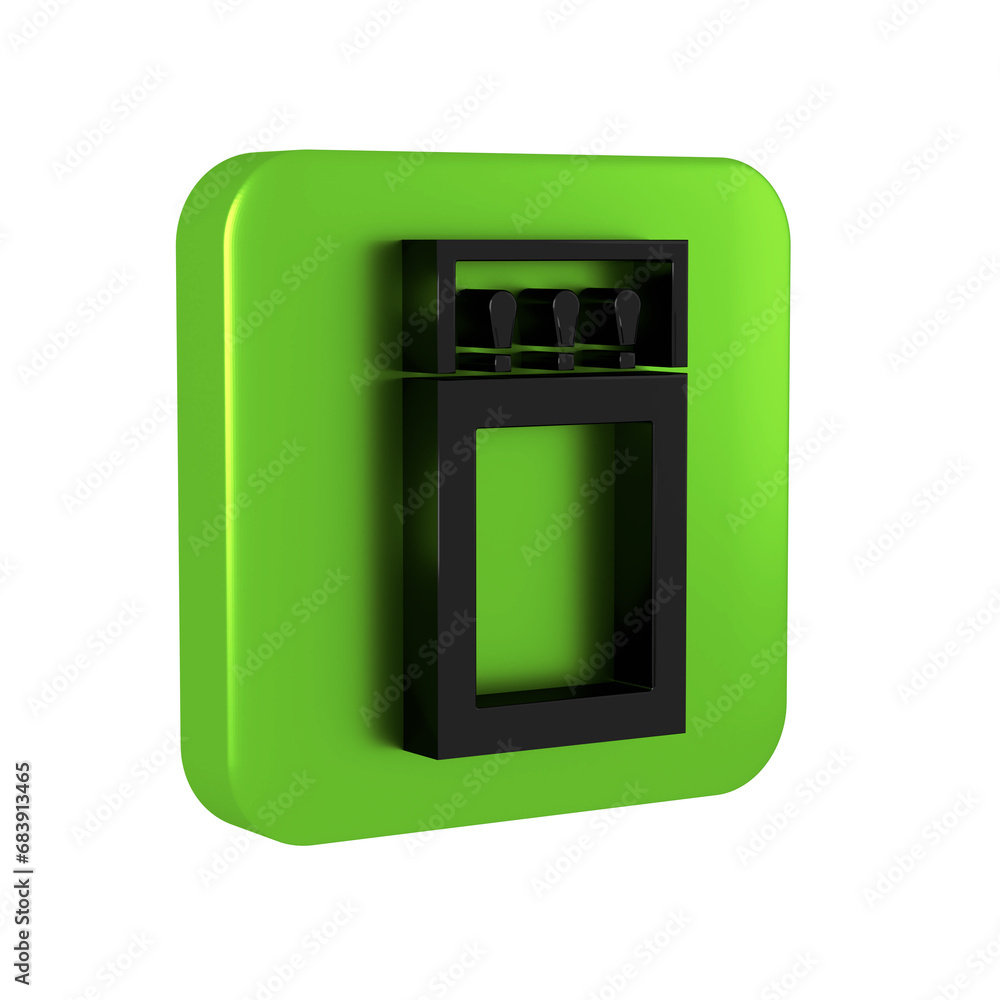 Poster black open matchbox and matches icon isolated on transparent background. green square button.