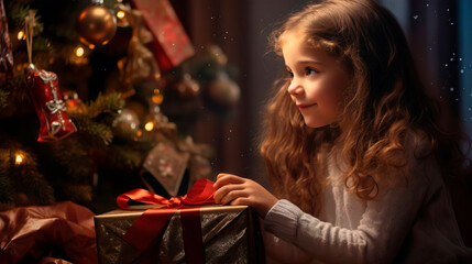 Little girl child with the gift box for Christmas. Miracle and magical Christmas night. Christmas tree with garland background. New Year Eve and Merry Christmas holiday celebration.