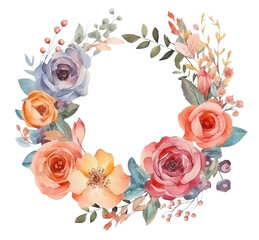 Watercolor illustration of orange roses wreath. Ai generated. Transparent background, PNG