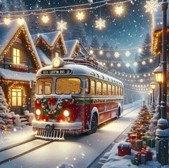 Winter Night City Street with Illuminated Bus and Snowfall