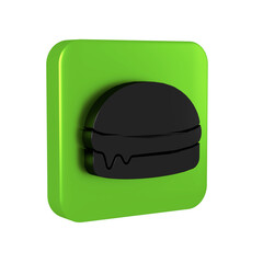 Black Burger icon isolated on transparent background. Hamburger icon. Cheeseburger sandwich sign. Fast food menu. Green square button.