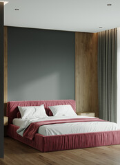 Premium bedroom in deep colors - dark gray and mauve dusty pink rose. Large bed and accent wall with wooden veneer . Modern trend minimalist interior design. Room for art - wall background. 3d render