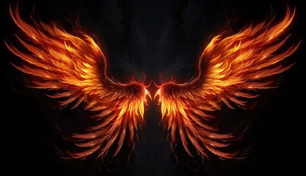 Wings of fire flames on a black background, burning, photorealistic, generative ai