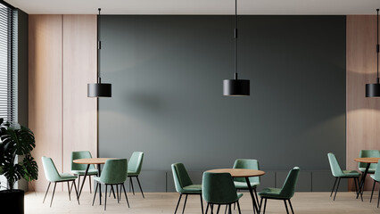 Dining room with green, wood colors. Restaurant or coffeehouse design interior. Large space cafe mockup for menu, template blank cover. Hotel or eatery area. Modern trend minimalist style.3d render