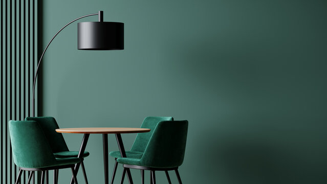 Diningroom in black and green emerald colors. 4 chairs and a round wood table. Large lamp and accent empty wall mockup for menu, template blank cover. Kitchen or restaurant area. 3d rendering 