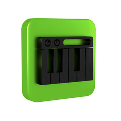 Black Music synthesizer icon isolated on transparent background. Electronic piano. Green square button.