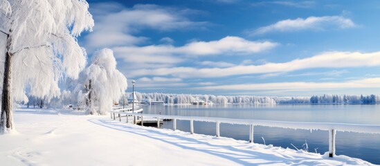 On a cold winter day in Tampere, Finland, a snowy white landscape greeted the eye, as the sun shone brightly over the frozen lake, its sparkling surface contrasting against the snow-covered pier - obrazy, fototapety, plakaty