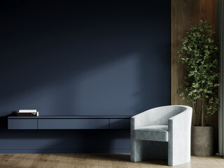 Deep dark livingroom with blue navy empty paint walls and gray chair. Accent indigo cyan colors. Mockup for art or picture. Modern premium interior design room - minimal lounge reception. 3d render  © Viktoriia Lytvyn