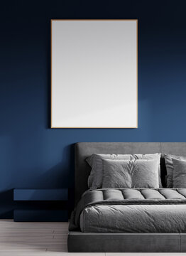 Deep dark bedroom with blue navy paint walls and large canvas art. Accent indigo cyan colors. Mockup frame picture panel board. Modern interior design room - minimalist home or hotel. 3d render 