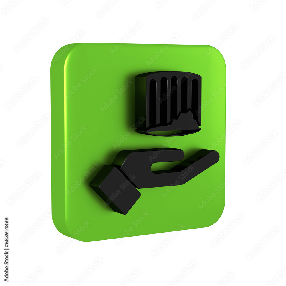 Poster black ancient column icon isolated on transparent background. green square button.