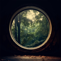 round window and forest, space behind Illustration background