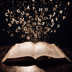 Letters and sparkles exploding from an open book pages in darkness 
