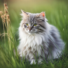Naklejka na ściany i meble Close-up of fluffy gray cat in green grass and weeds
