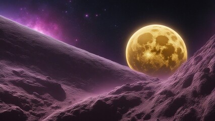 Naklejka na ściany i meble earth and moon A golden yellow moon with a sparkling surface and stars. The moon is orbiting a purple and pink planet