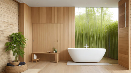 Tranquil modern bath with accents of natural wood, textured stone feature wall housing frameless shower, underfloor heating, bamboo bath mats - Generative AI