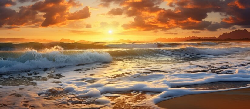 On an isolated beach with a white background, the beauty of nature unfolds as the golden waves splash against the shore, painting a glorious sunset over the vast ocean. As night falls, the beach